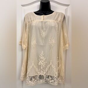 Sundance Boho Sheer Overlay Blouse Floral Embroidery Short Sleeves Small NWOT